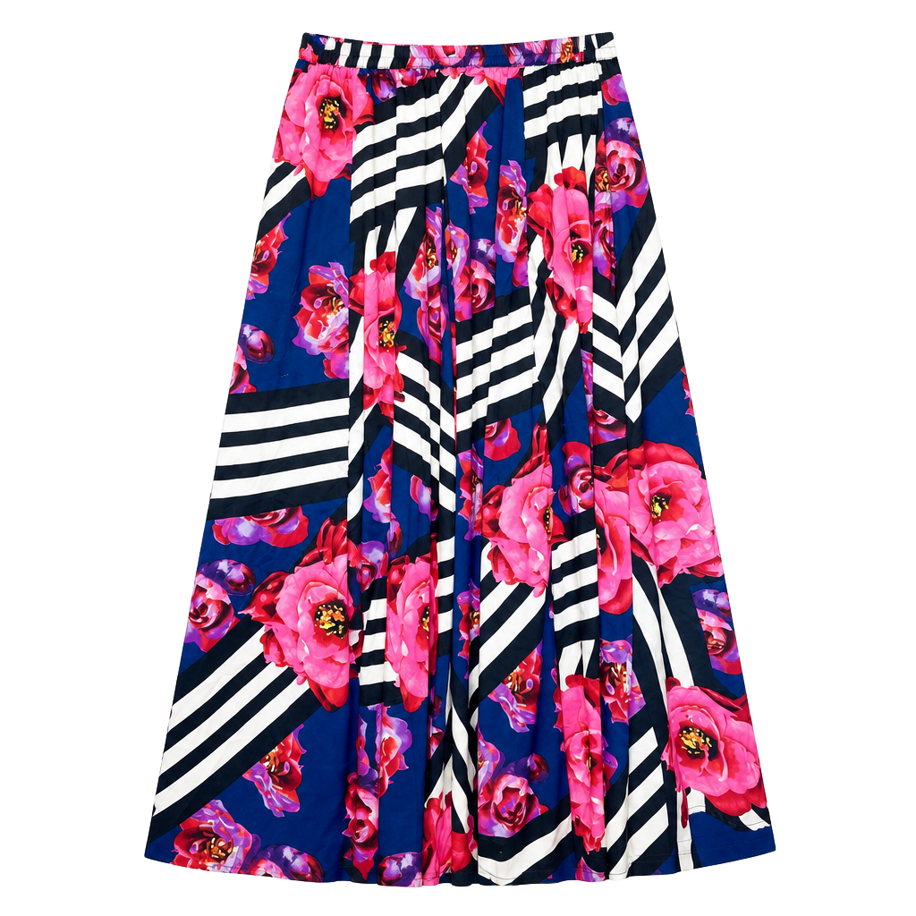 Mix Nouveau Maxi Skirt Size L Striped Rose Floral Long Skirt 1