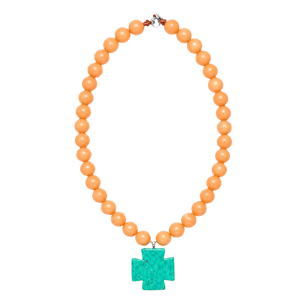 Handmade Peach Beaded Necklace with Turquoise Cross Pendant 1