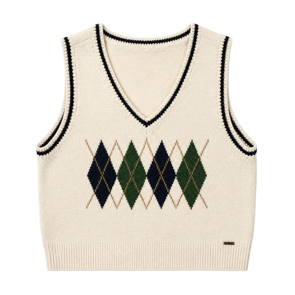 Hollister Argyle Sweater Vest Size L Cream V-Neck Cropped Pullover 1