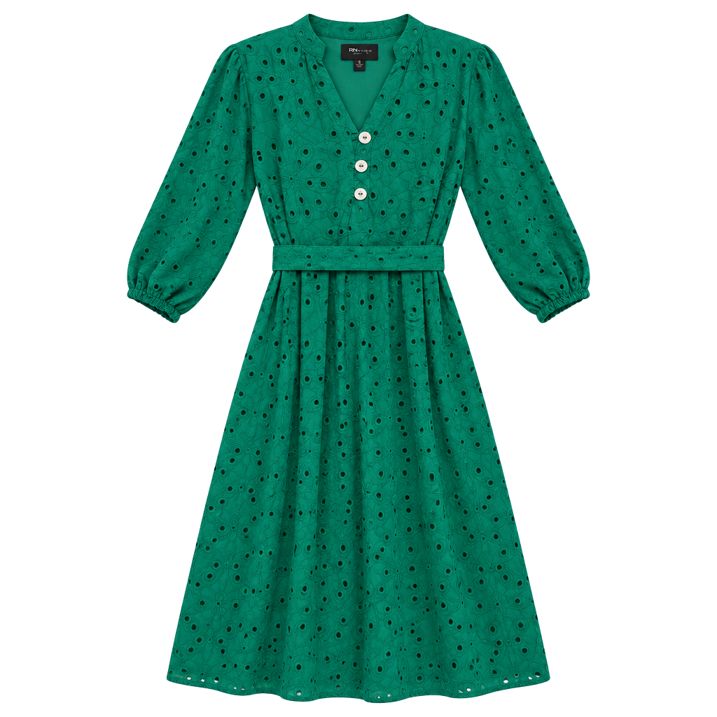 RN Studio by Ronni Nicole Dress Size S Green Eyelet Belted 3/4 Sleeve 1