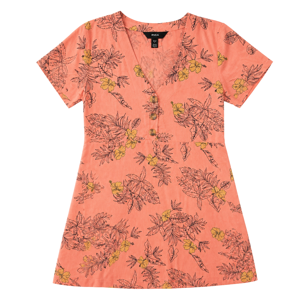 RVCA Floral Short Sleeve Dress Size XS Pink V-Neck Button Front 1