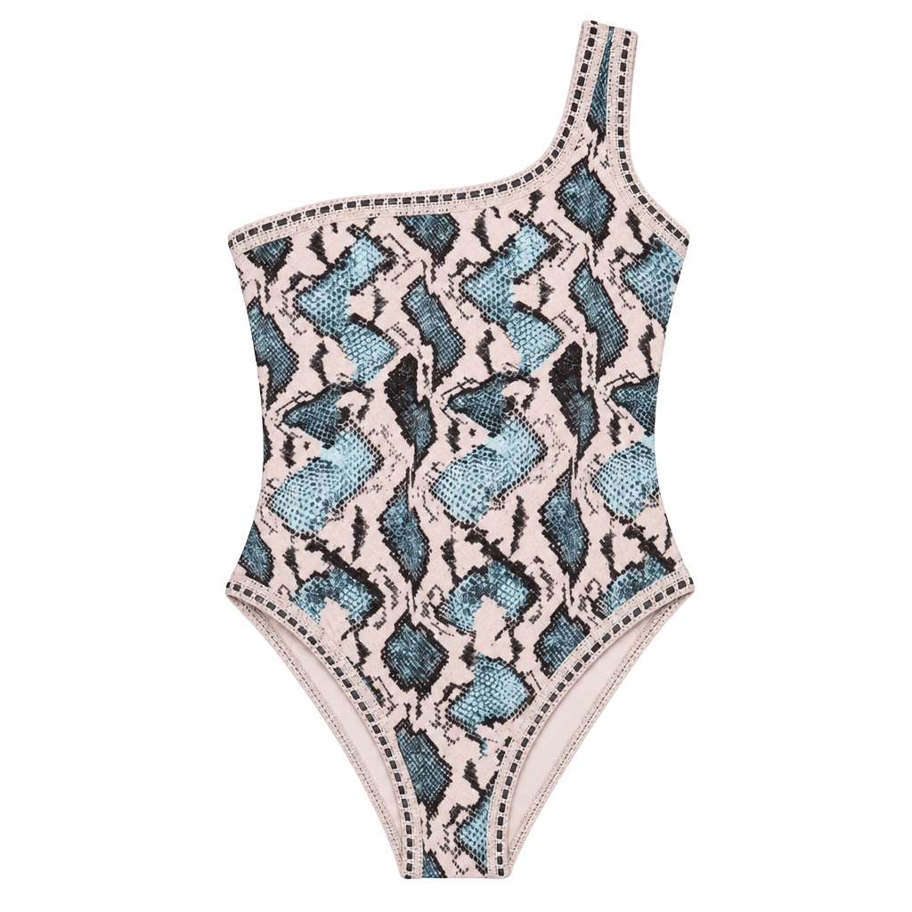 LIDA SWIMWEAR Melia One Shoulder Swimsuit Crocheted Border in Blue Snakeskin 1