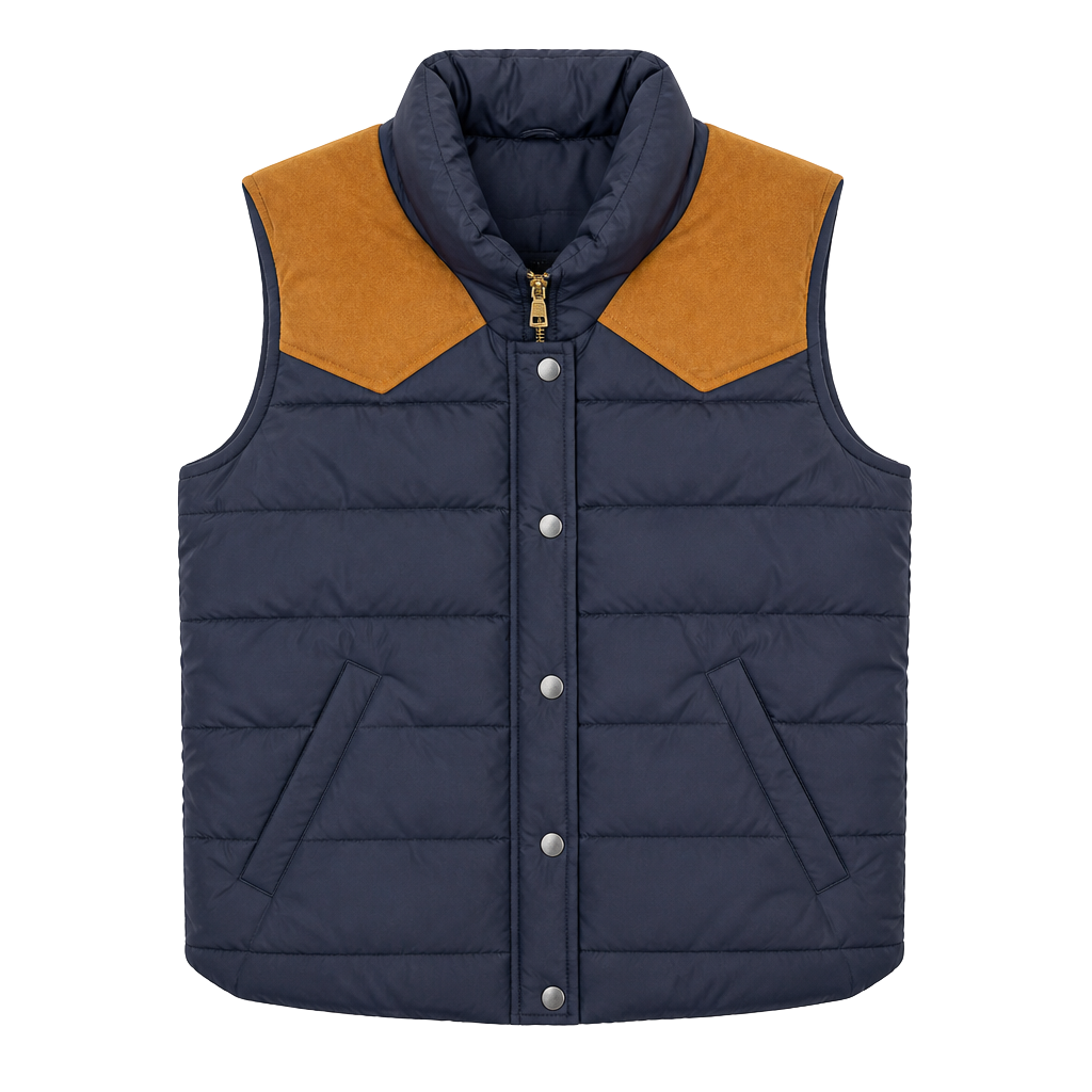RolyPoly Navy Puffer Vest with Western Faux Suede Yoke 1