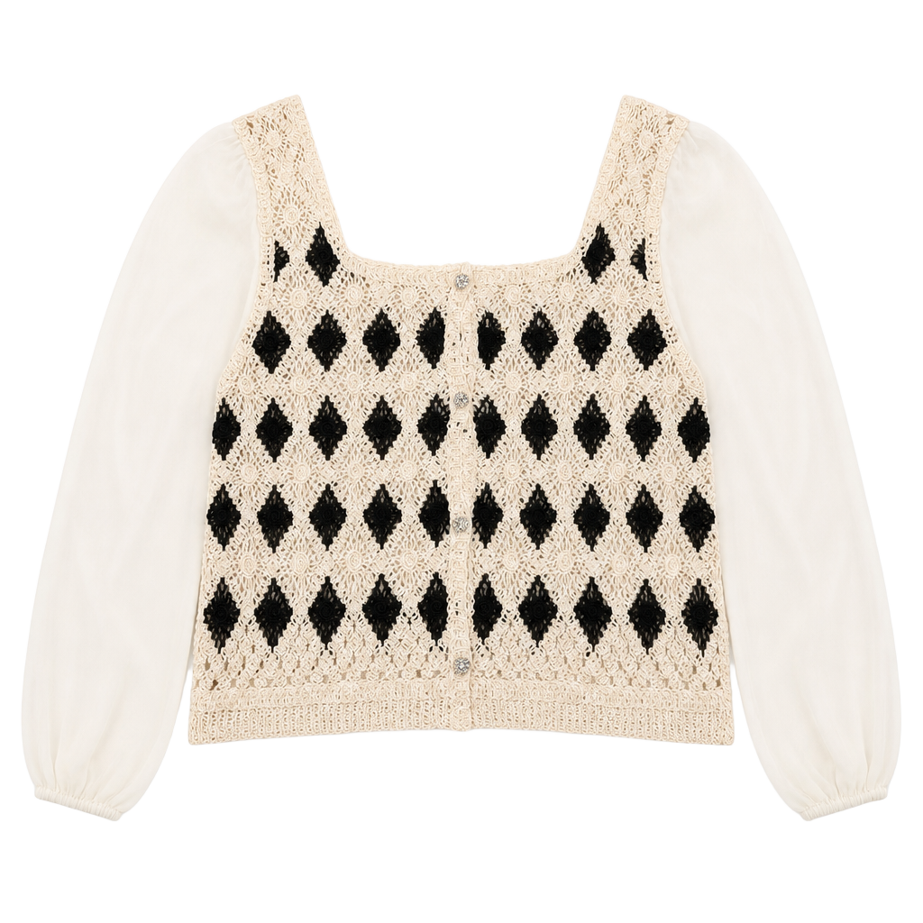 LOLA Crochet Diamond Knit Blouse with Sheer Chiffon Sleeves 1