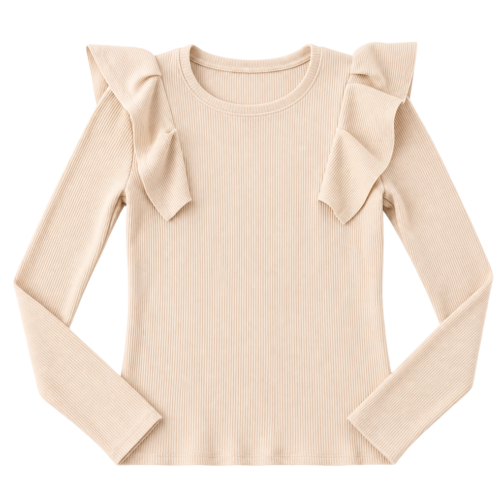 Zara Girls Ribbed Ruffle Shoulder Long Sleeve Top Cream Size 13-14 1