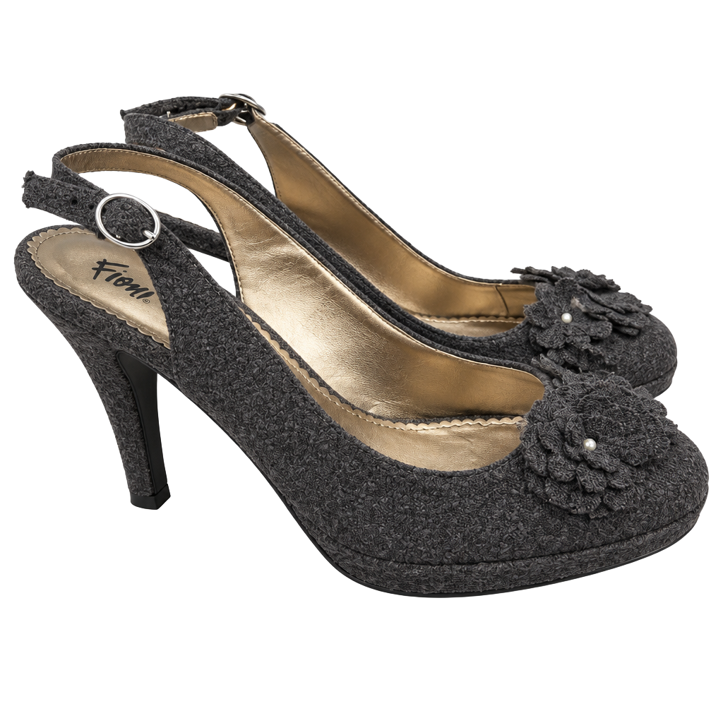 FIONI Clothing Charcoal Gray Floral Slingback Heels 1