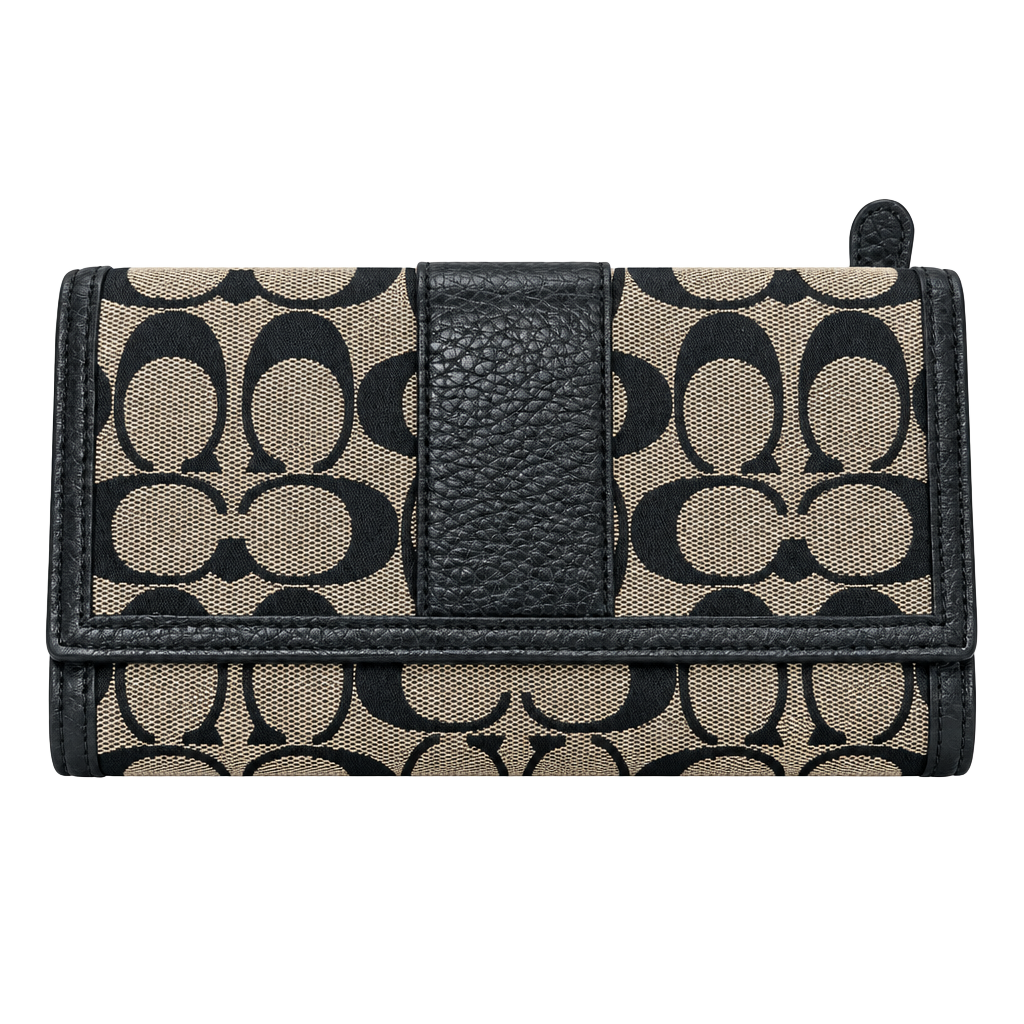 Coach Signature C Fabric Trifold Wallet Black Gray Leather Trim 1