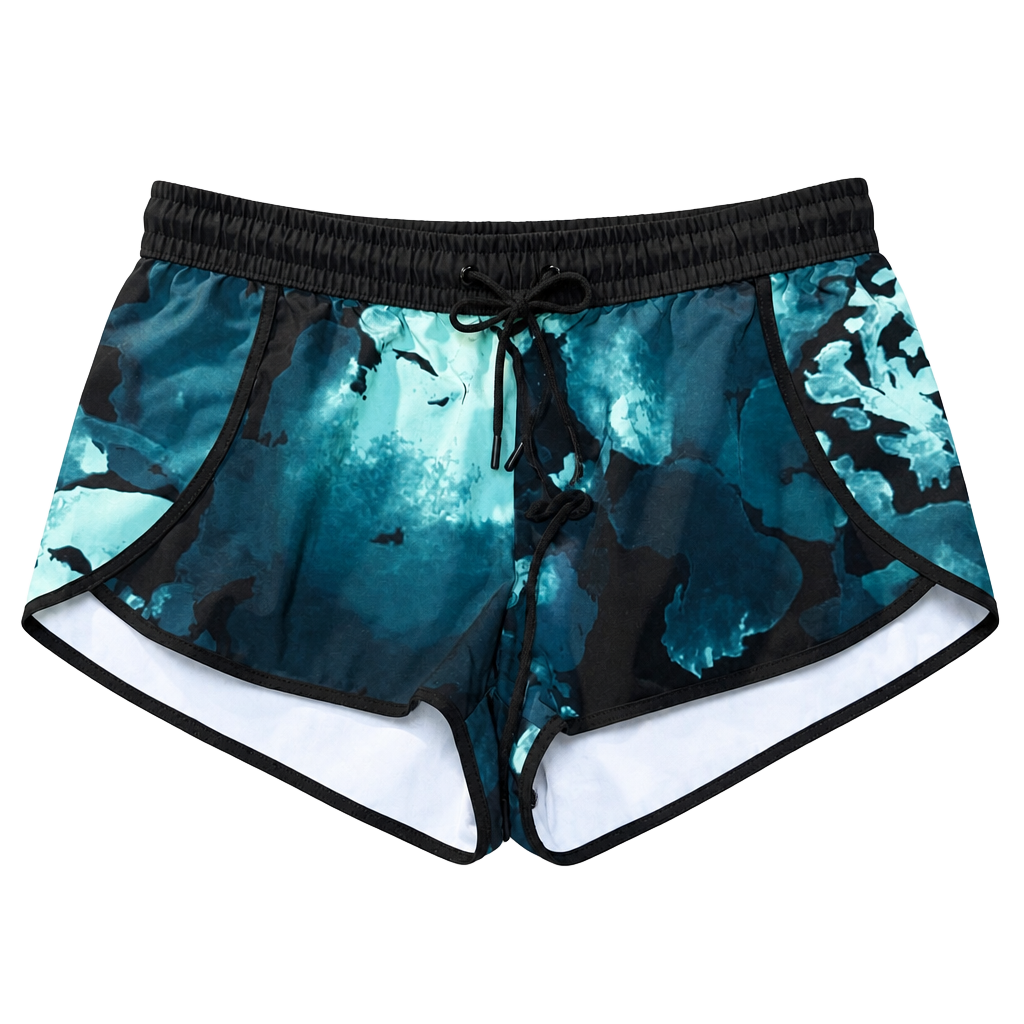 Fabletics Teal Black Abstract Floral Print Drawstring Athletic Shorts Size XS 1