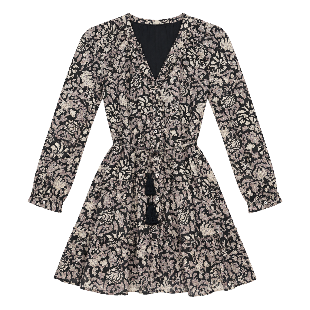 Cleobella Mylah Mini Dress Size XS Black Floral Print Long Sleeve Belted 1