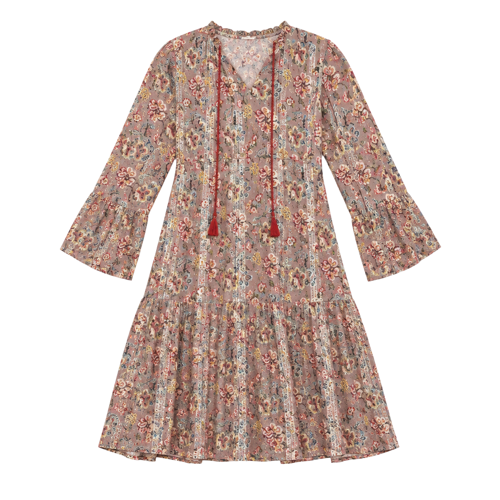 RAGA Floral Metallic Tiered Dress Size XS Brown Red Tassel 1
