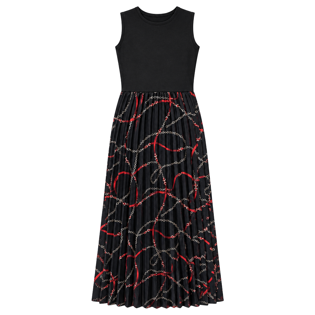 41 Hawthorn Dress Size S Black Pleated Chain Print Midi Maxi Sleeveless 1