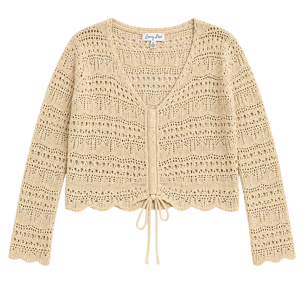 🤍 NWT Emory Park Cream Crochet Tie-Front Cropped Cardigan Size M 1
