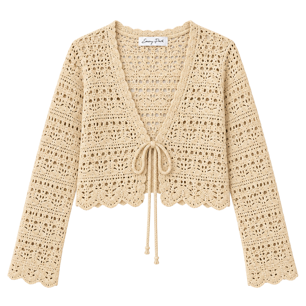 Emory Park Beige Crochet Tie Front Cropped Cardigan Medium Boho NWT 1