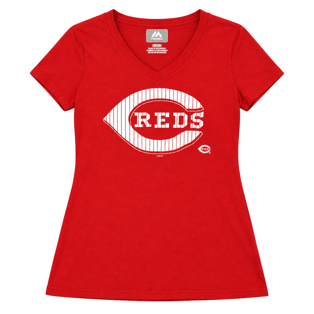 Majestic Cincinnati Reds Women’s Red V-Neck Graphic Tee Size Small 1