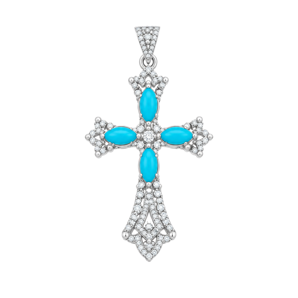 925 Sterling Silver Turquoise Marcasite Cross Pendant 1