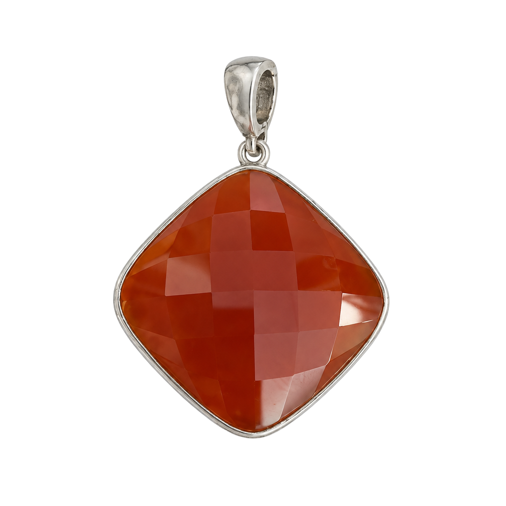 Sterling Silver Red Carnelian Checker Cut Square Pendant 1