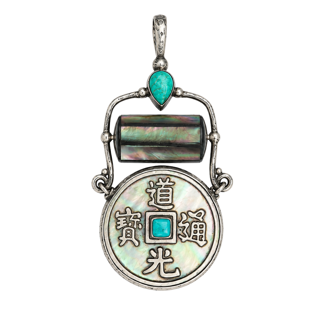 Sajen Sterling Silver Abalone Turquoise Spinning Chinese Coin Pendant 1