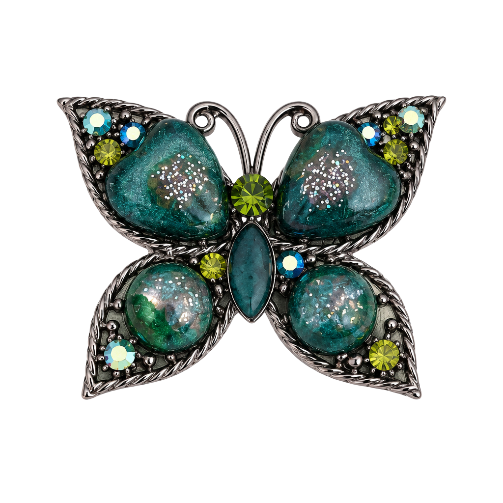 Vintage Butterfly Brooch Green Rhinestone Glitter 2" Dark Metal 1