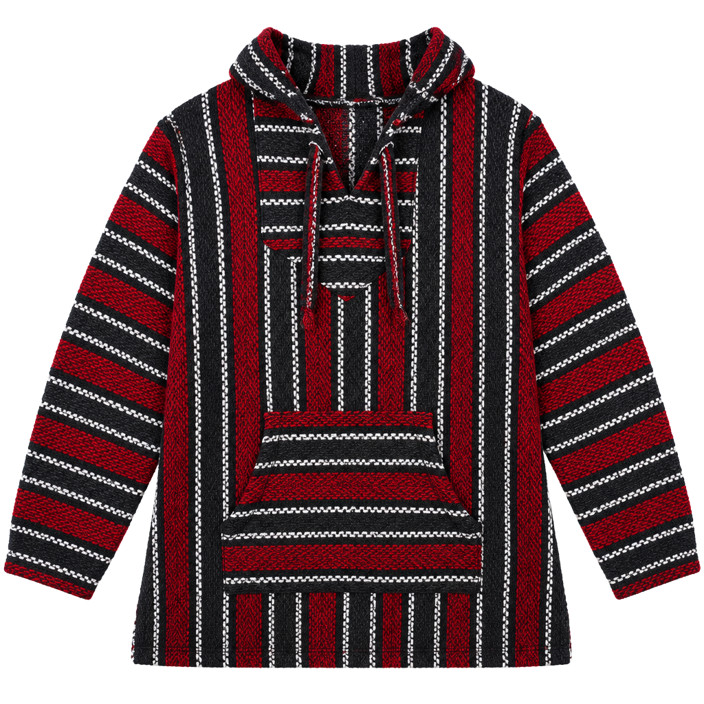 Baja Hoodie Jerga Pullover Poncho Red Black Striped Medium 1