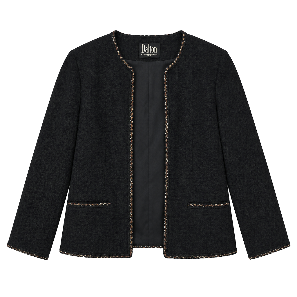 Dalton Open Front Knit Jacket Black 100% Virgin Wool Trimmed Pockets 1