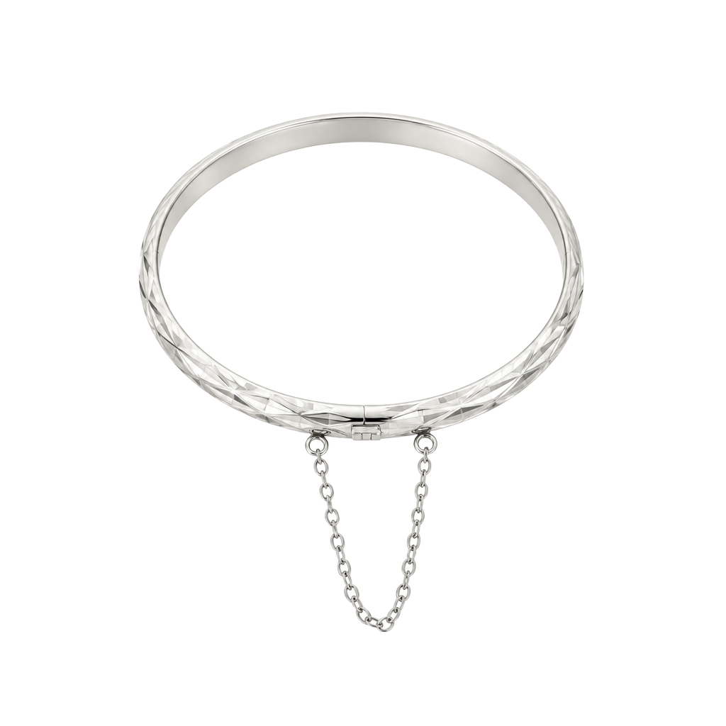 Vintage Sterling Silver Etched Hinged Bangle Bracelet Safety Chain 1