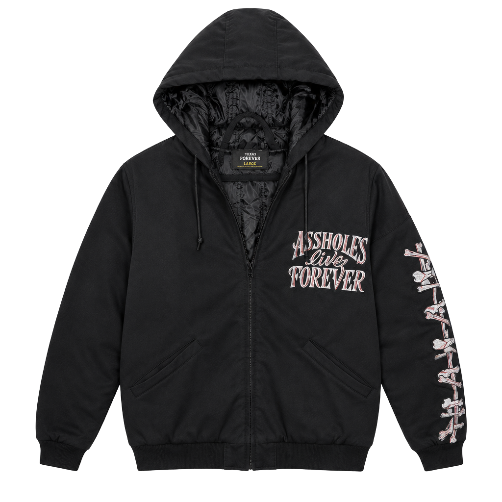 Assholes Live Forever Bomber Jacket Size Large Black Skull Bones 1