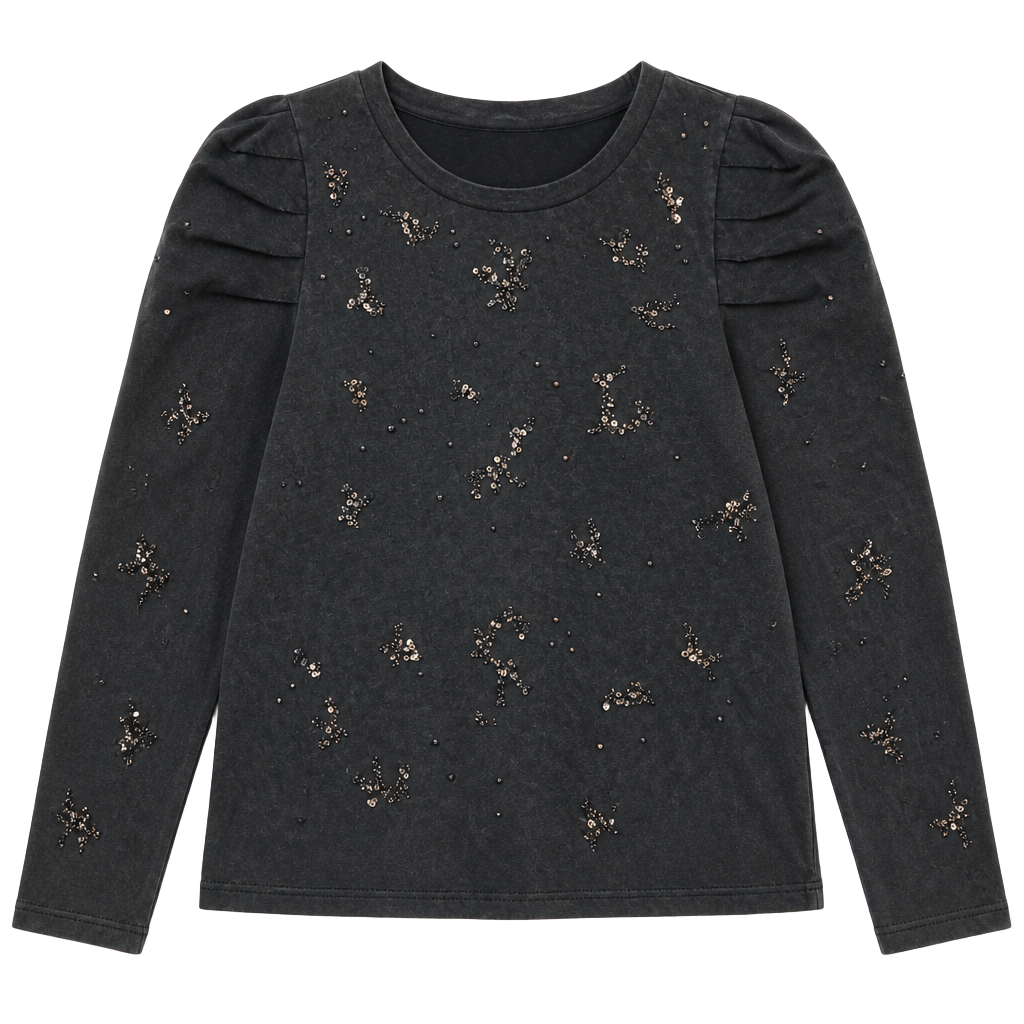 Pilcro Puff-Sleeve Embellished Sweatshirt Carbon Black 1