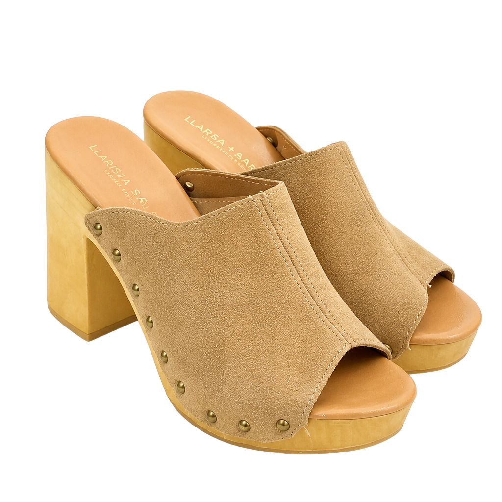 Anthropologie Tan Suede Leather Wood Platform Studded Clog Mules Size 7.5/8 1