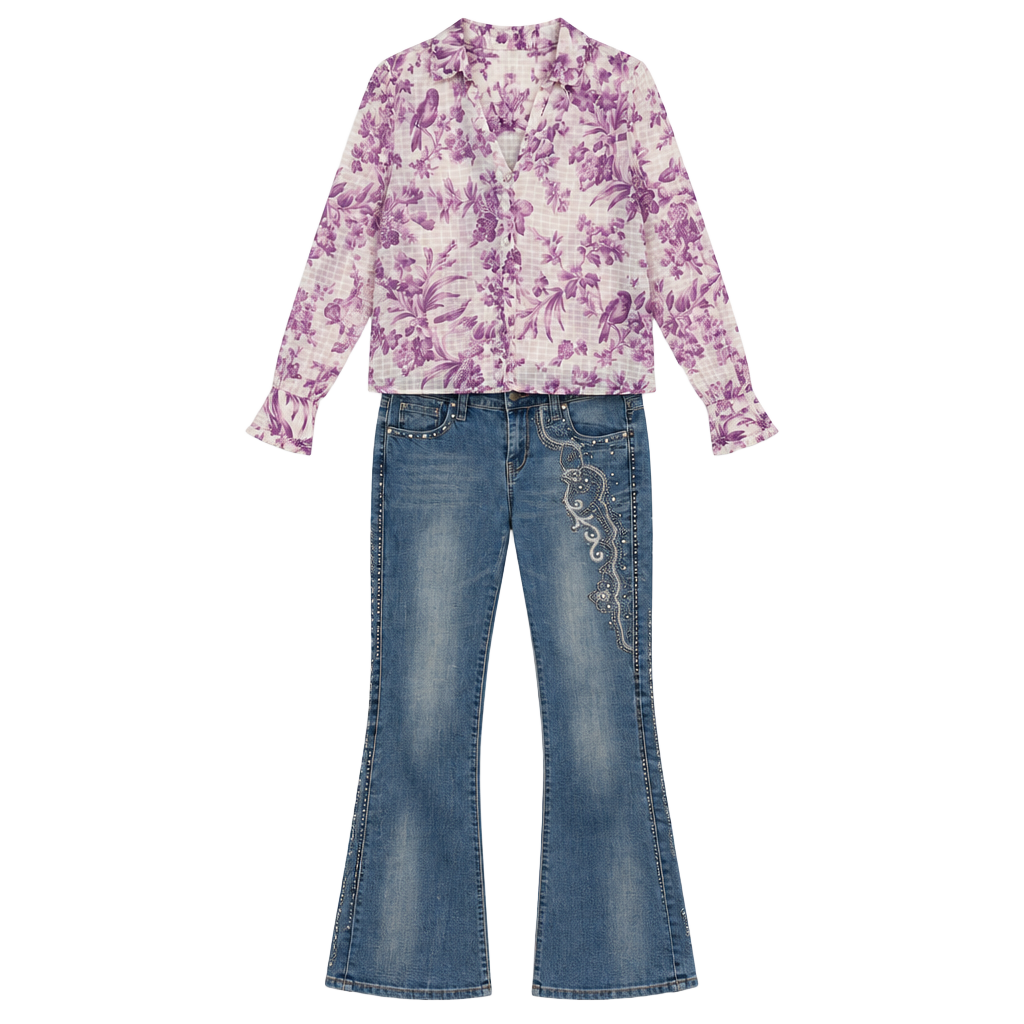 Sundance Purple and White Floral Toile Bird Long Sleeve Button Down Blouse PXS 1