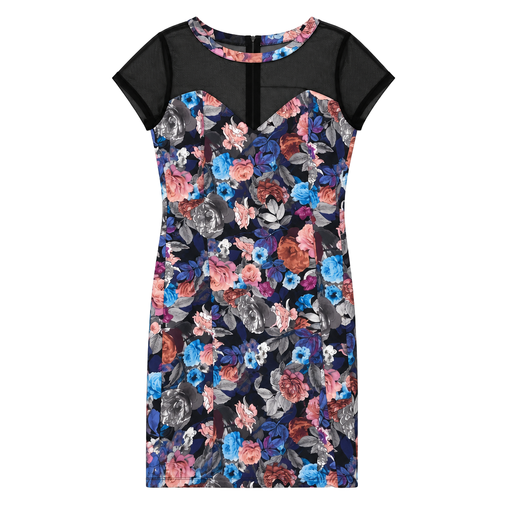 Vintage Bongo Floral Print Mesh Panel Dress Large 1