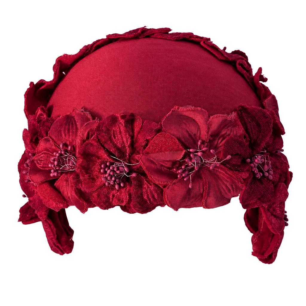 Vintage 1960s Red Satin Hat Velvet Flowers Fascinator 1