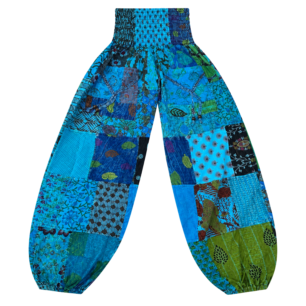 NWT Nicks Imports Patchwork Harem Pants Blue Boho Hippie Festival Style 1