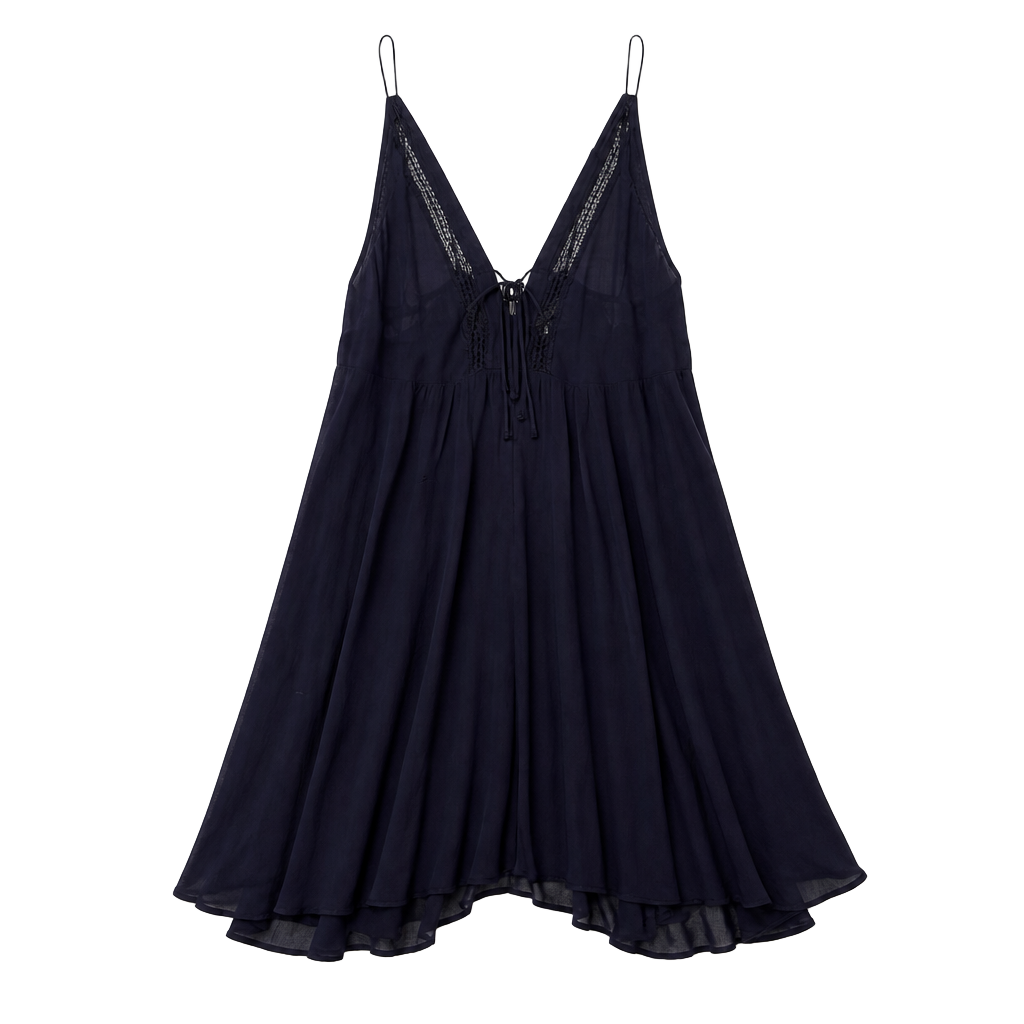 Free People Navy Blue Sheer V-Neck Lace Trim Babydoll Slip Dress 1