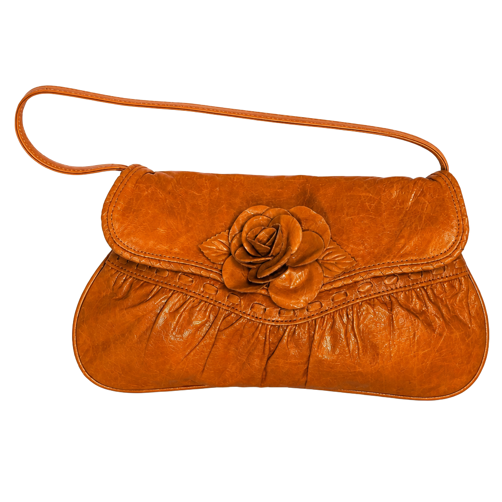 Y2K MINT Junior Drake Orange Leather 3-D Rose Flower Shoulder Bag, Collectible
1