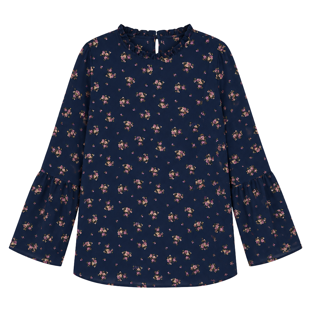 Orange Creek boho navy floral long sleeved blouse with ruffle collar and hem. 1