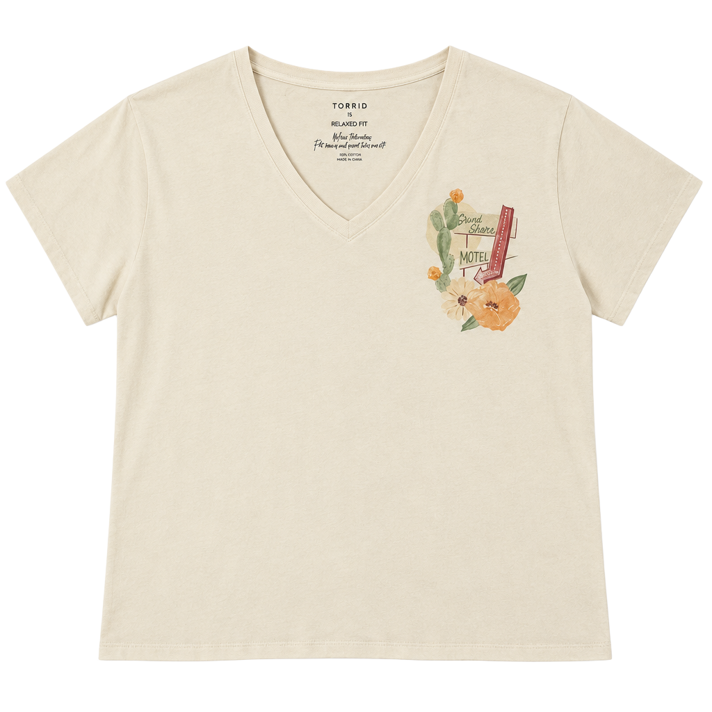 Torrid Desert Motel Relaxed Fit Tee Size 5 (5X) Beige Cotton V-Neck 1