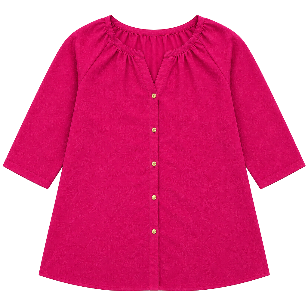 Catherines Blouse, Size 3X (26/28W), Pink Floral Textured Button Down 1