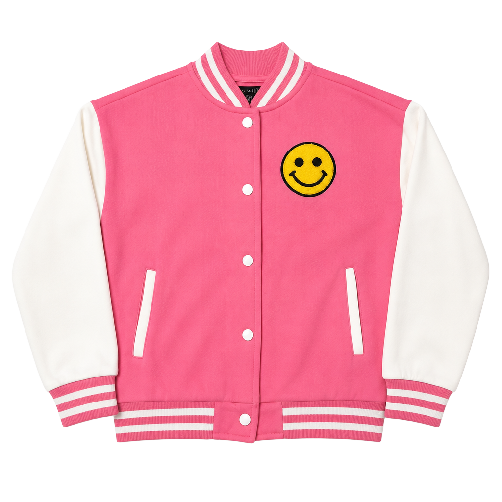 Peachy & Pink Girls Pink Smiley Face Varsity Jacket Size M (10/12) 1