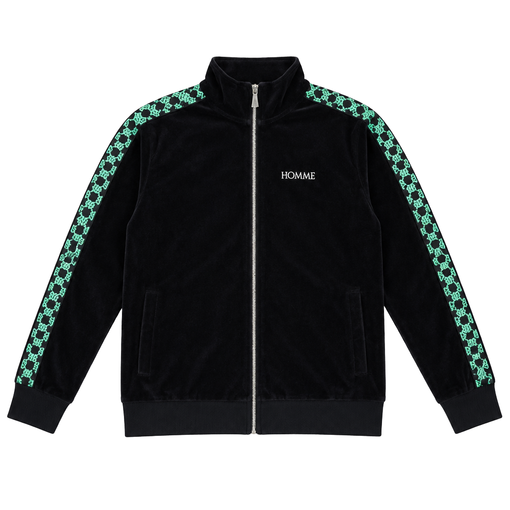 BoohooMAN Homme Velour Track Jacket Size L Black Green Side Tape 1