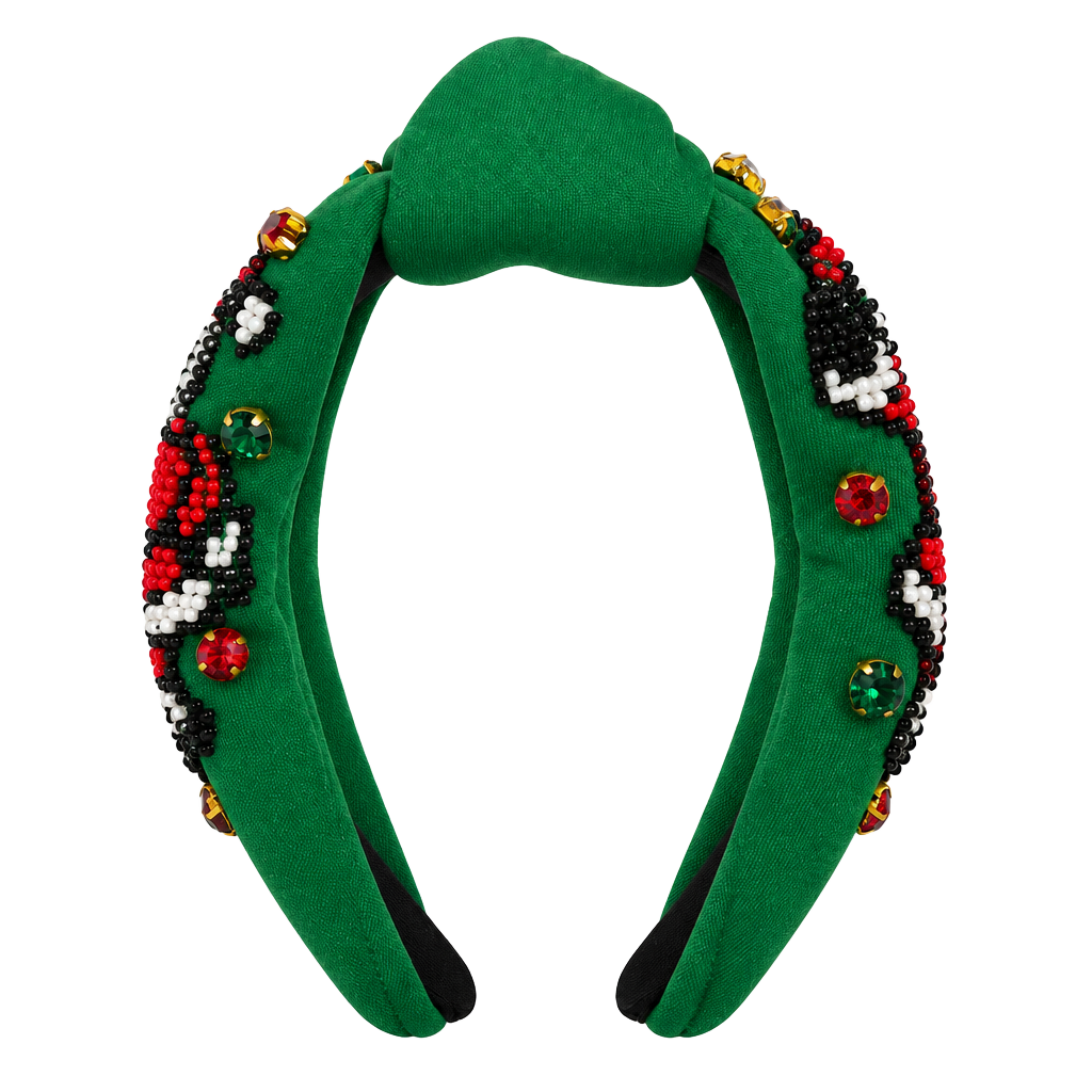 Green Knotted Christmas Holiday Beaded Headband 1