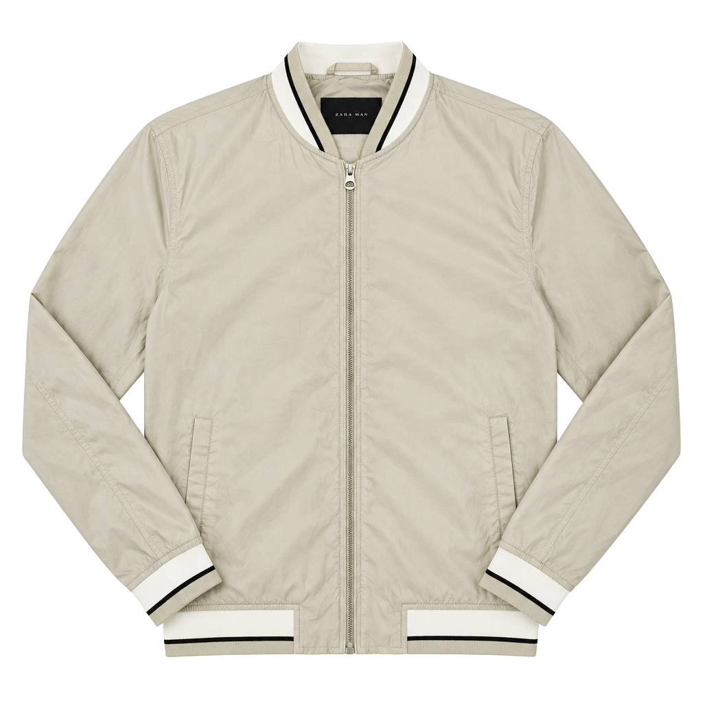 Zara Man Bomber Jacket Beige Lightweight Full Zip Size S 1
