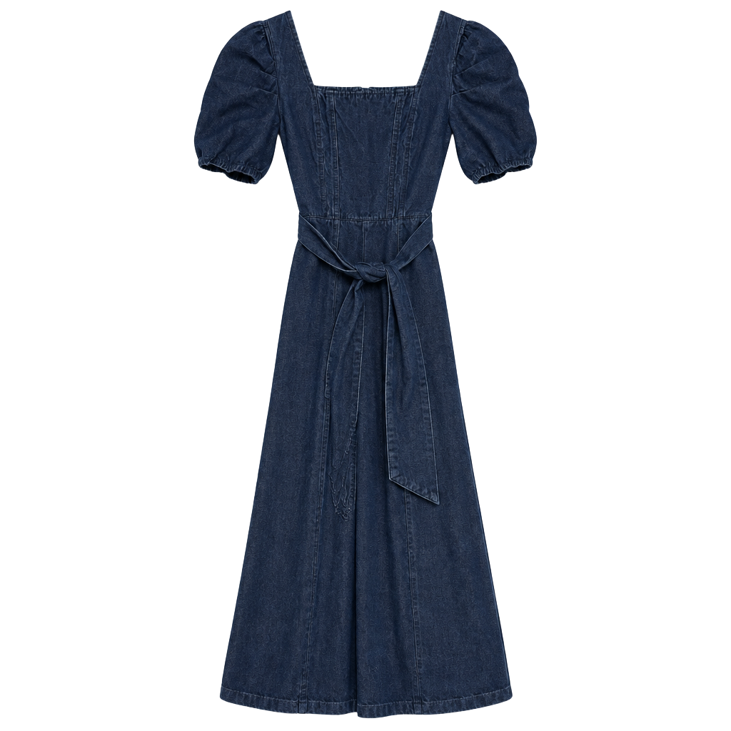 Who What Wear Denim Dress Size XS Square Neck puff Sleeve Belted dress 1