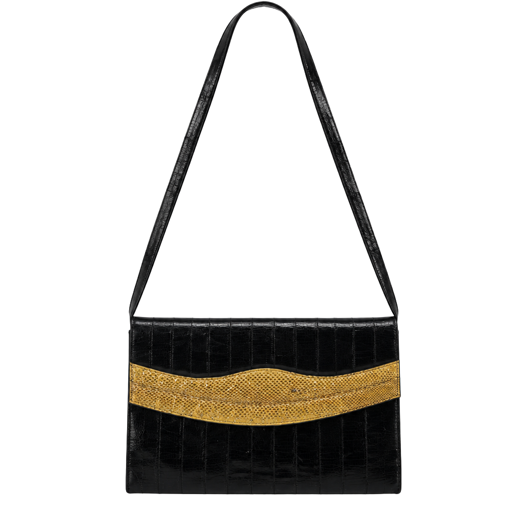 1980 Leather of the Sea Vintage Black & Gold Eel Skin Crossbody Envelope Clutch 1