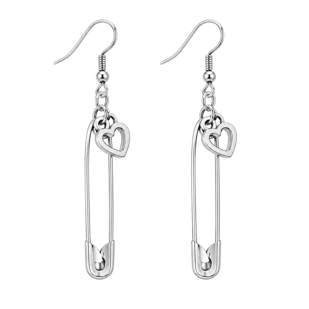 Heart Safety Pin Dangle Earrings Silver Tone 1
