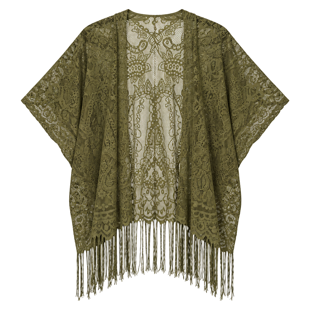 emerette Lace Kimono Cardigan Olive Green Fringe 1