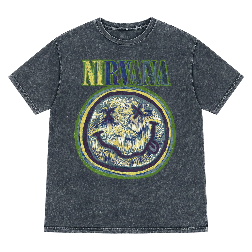 Nirvana Watercolor Smiley Face Acid Wash T-Shirt Size Large Grey 1