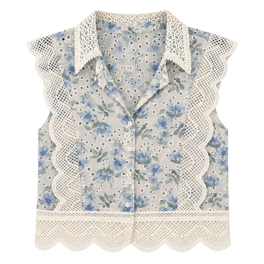 Ultra Pink Floral Blouse Size S Blue White Eyelet Lace Button Down Top 1