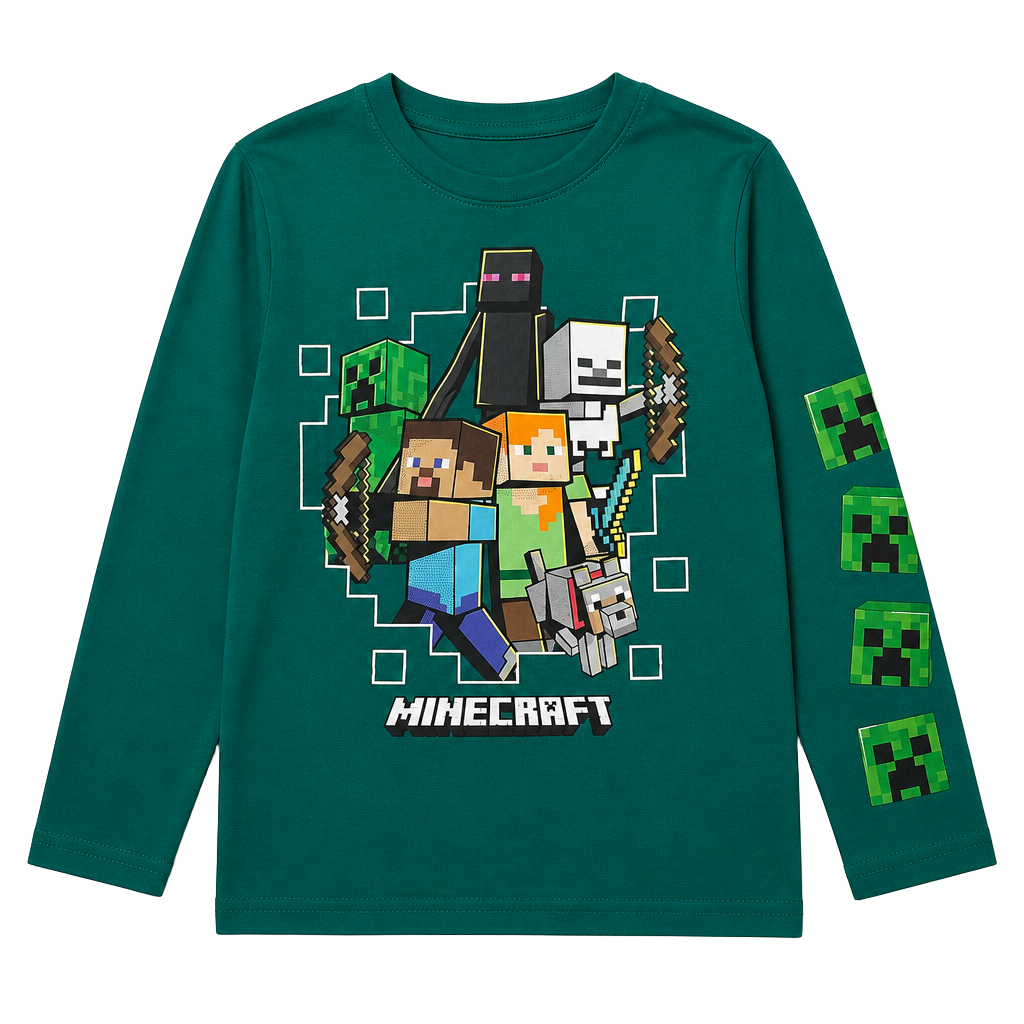 Minecraft Boys Green Long Sleeve Graphic T-Shirt Creeper Sleeve Size S (6/7) 1