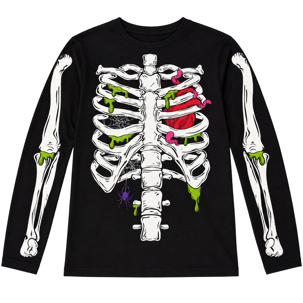 Halloween Youth Long Sleeve T Shirt Black Bones Ribs Skeleton Guts Size XXL 18 1