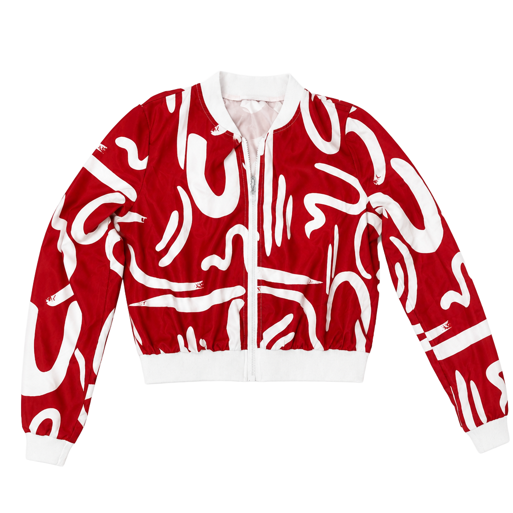 SHEIN Red and White Abstract Graphic Print Bomber Jacket Size S 1
